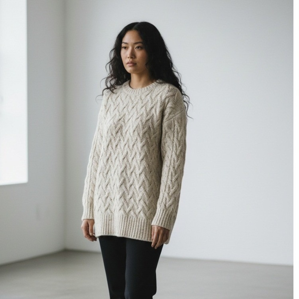Fat Face Womens Cable Knit‎ Sweater Cream Oatmeal Marl Crew Neck Longline Size 8